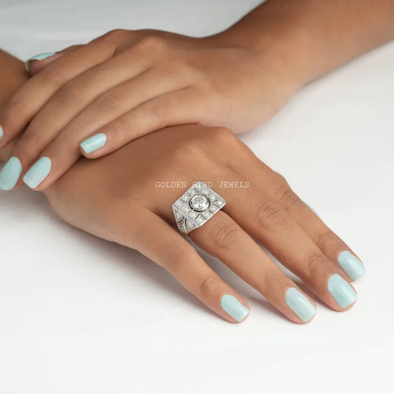 Old European Round Cut Art Deco Square Top Moissanite Ring vy 4