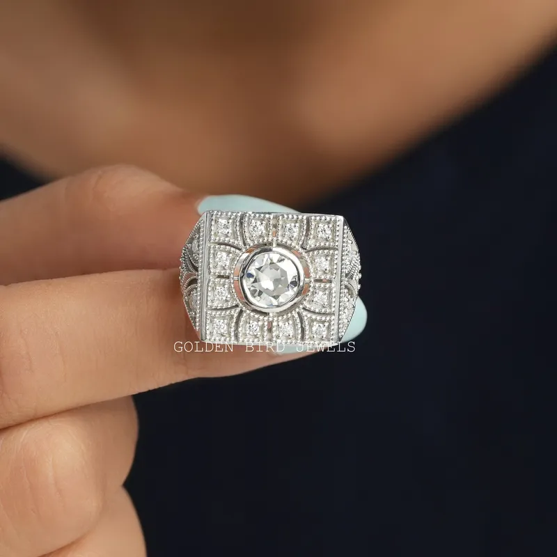 Old European Round Cut Art Deco Square Top Moissanite Ring vy 3