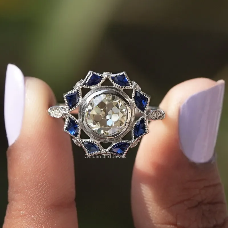 Old European Round Cut Bezel Set Moissanite Ring blue engagement ring