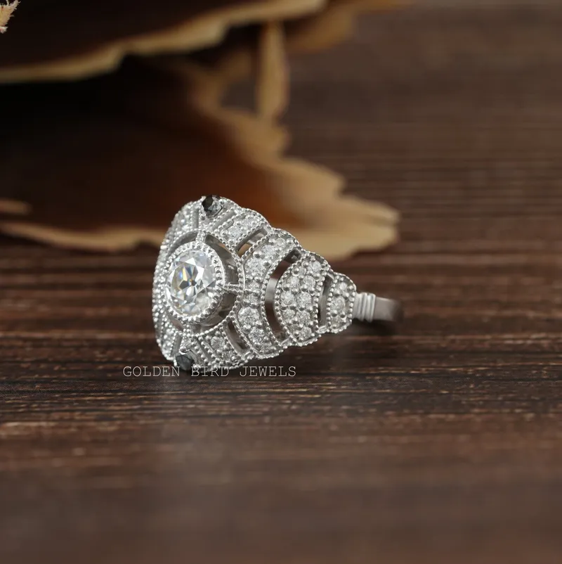 Old European Round Cut Moissanite Bridal Art Deco Ring view 2