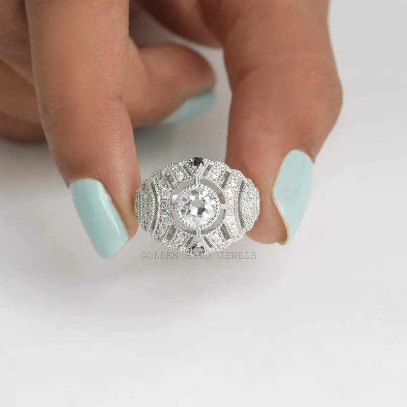 Old European Round Cut Moissanite Bridal Art Deco Ring view 7