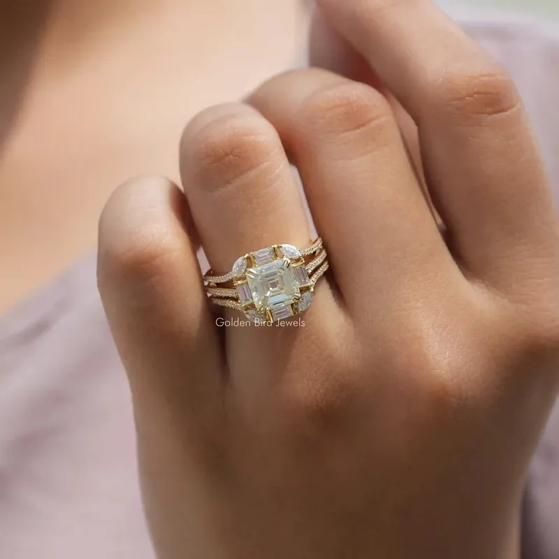 Old Mine Asscher Cut Moissanite Cluster Engagement Ring view 2