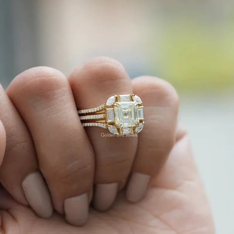 Old Mine Asscher Cut Moissanite Cluster Engagement Ring view 5