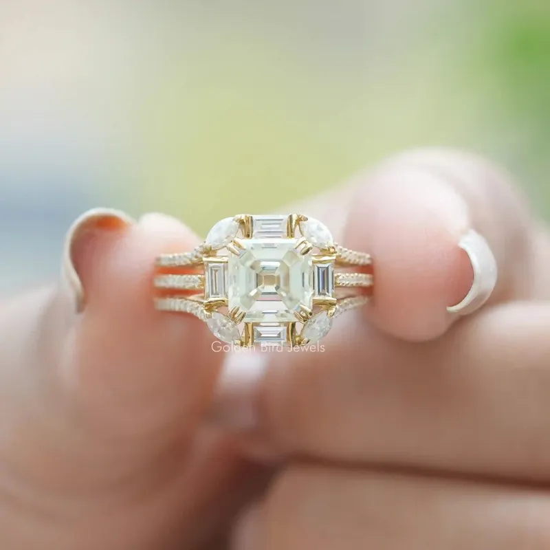Old Mine Asscher Cut Moissanite Cluster Engagement Ring round cut engagement ring