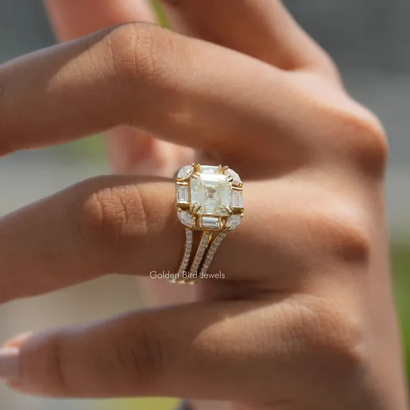 Old Mine Asscher Cut Moissanite Cluster Engagement Ring view 4