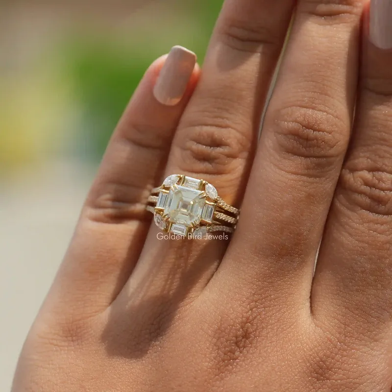 Old Mine Asscher Cut Moissanite Cluster Engagement Ring view 3