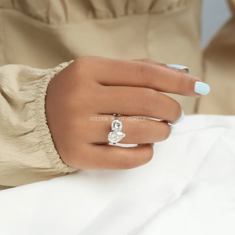 Old Mine Cushion And Old Mine Pear Cut Moissanite Ring vy 4
