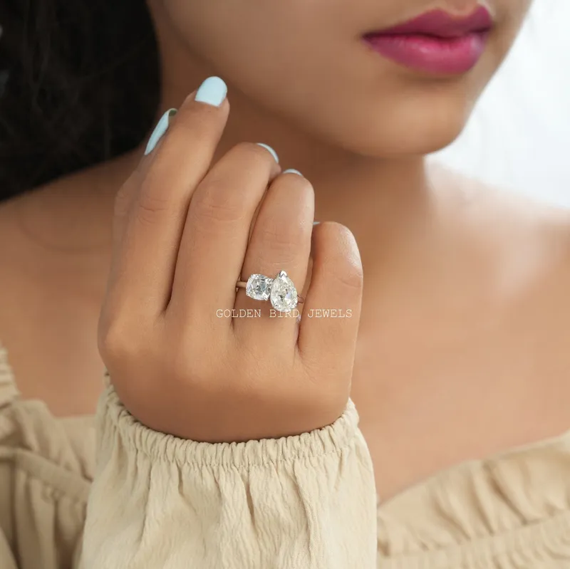 Old Mine Cushion And Old Mine Pear Cut Moissanite Ring vy 2