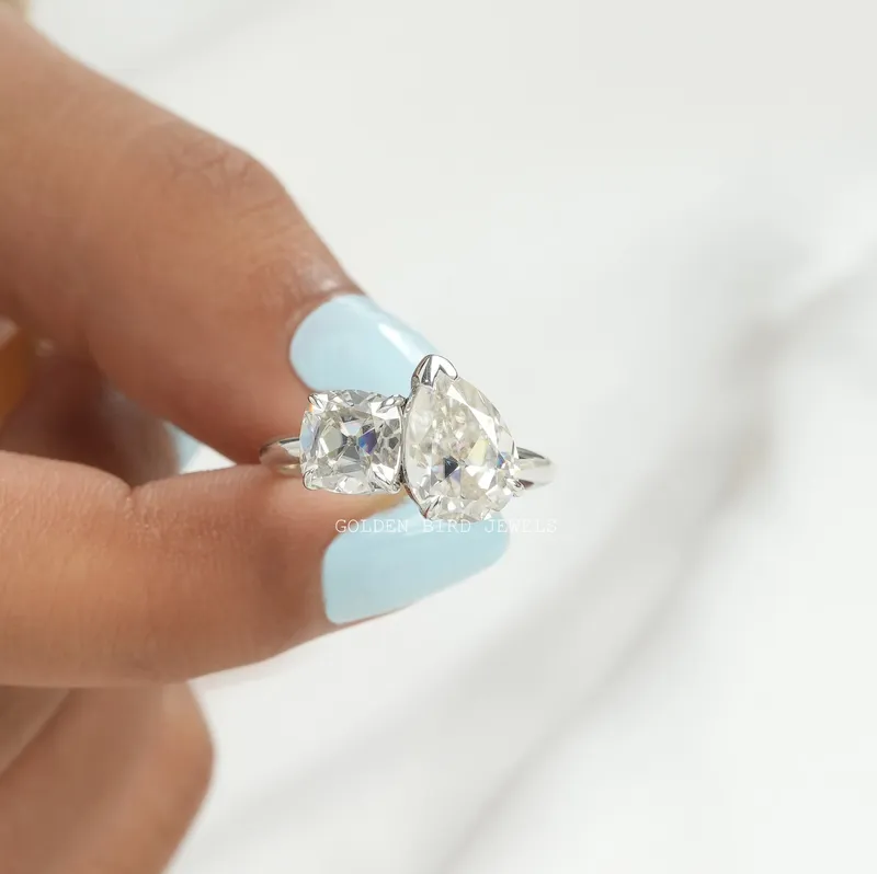 Old Mine Cushion And Old Mine Pear Cut Moissanite Ring vy 3
