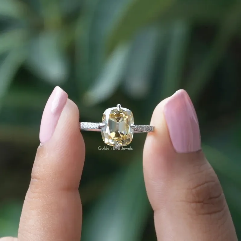Old Mine Cushion Cut Moissanite Accent Stone Ring yellow round cut engagement ring