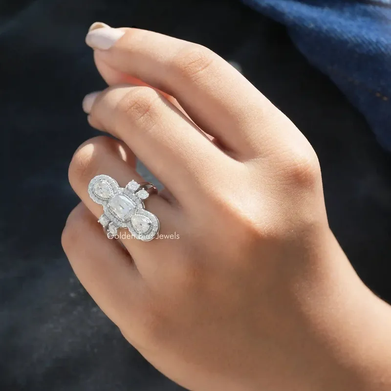 Old Mine Cushion Cut Moissanite Cocktail Ring vy 4