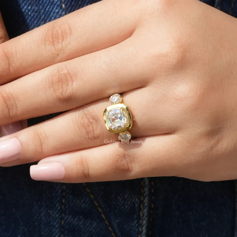 Old Mine Cushion Moissanite Three Stone Ring vy 8