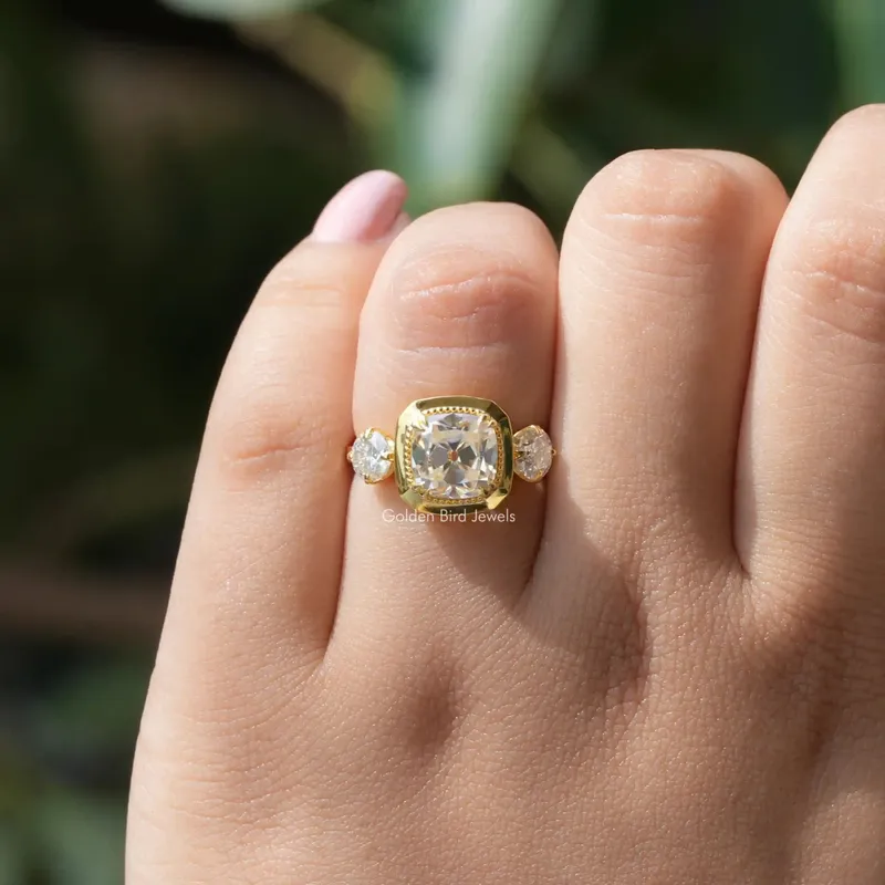 Old Mine Cushion Moissanite Three Stone Ring vy 6