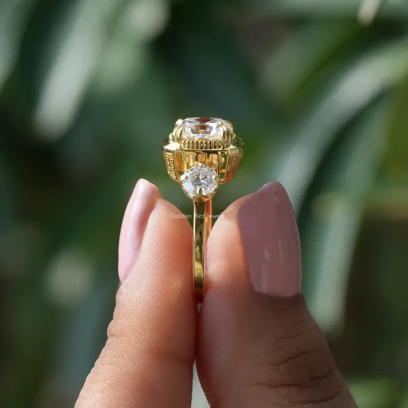 Old Mine Cushion Moissanite Three Stone Ring vy 2