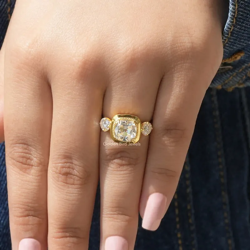 Old Mine Cushion Moissanite Three Stone Ring vy 7