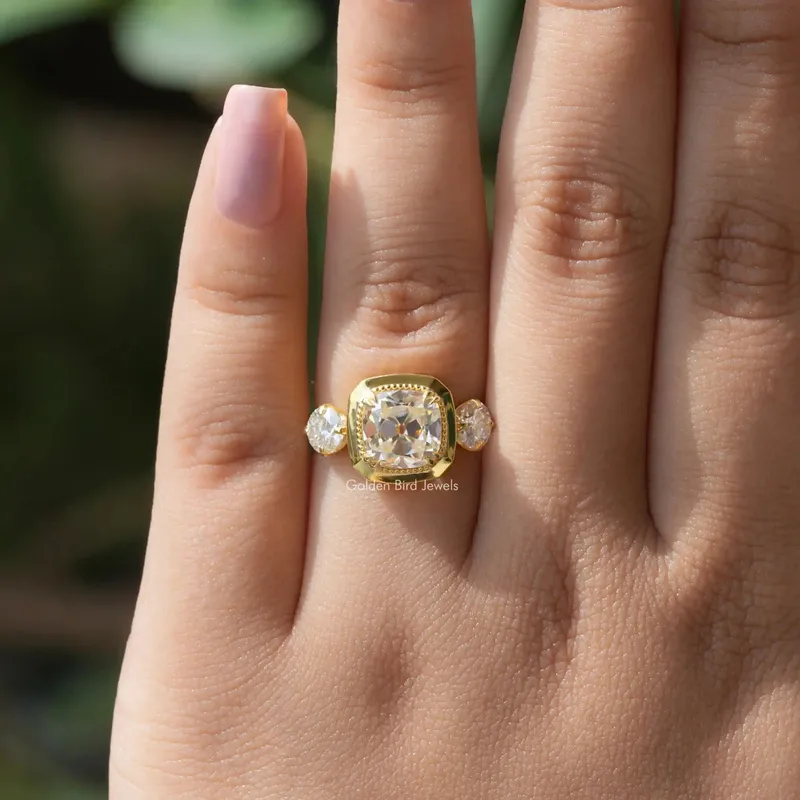 Old Mine Cushion Moissanite Three Stone Ring vy 5