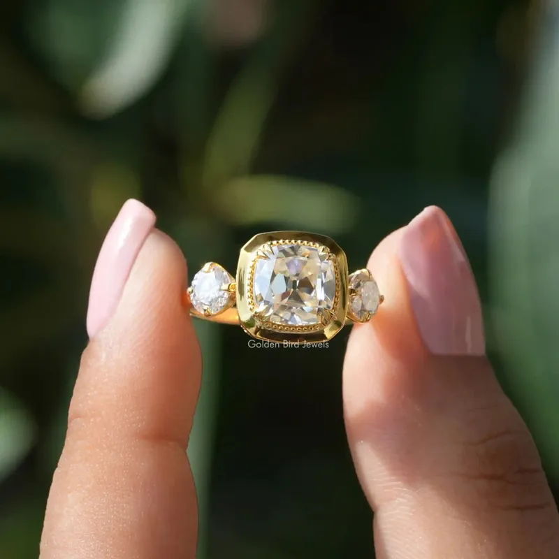 Old Mine Cushion Moissanite Three Stone Ring engagement ring