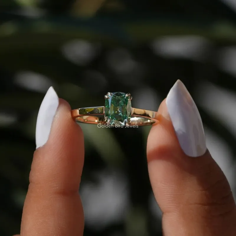 Old Mine Elongated Cushion Cut Moissanite Solitaire Ring green engagement ring