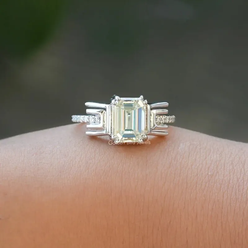 Old Mine Emerald Cut Moissanite Bridal Ring vy 4
