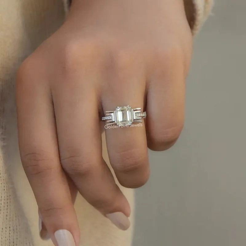 Old Mine Emerald Cut Moissanite Bridal Ring vy 2