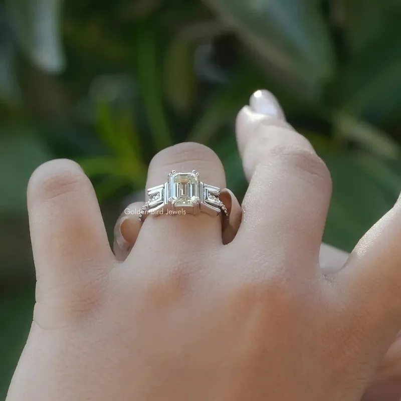 Old Mine Emerald Cut Moissanite Bridal Ring vy 3