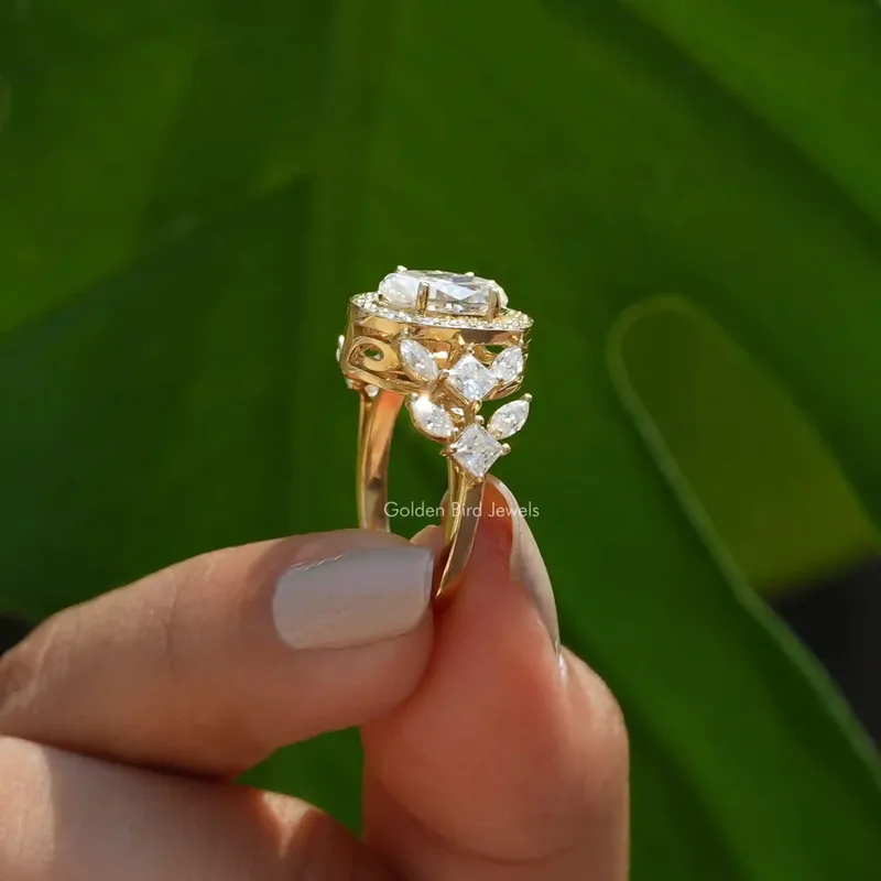 Old Mine Moval Cut Moissanite Halo Cluster Engagement Ring vy 3