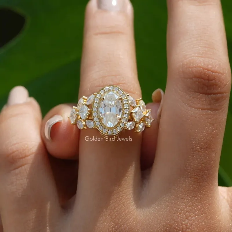 Old Mine Moval Cut Moissanite Halo Cluster Engagement Ring vy 4
