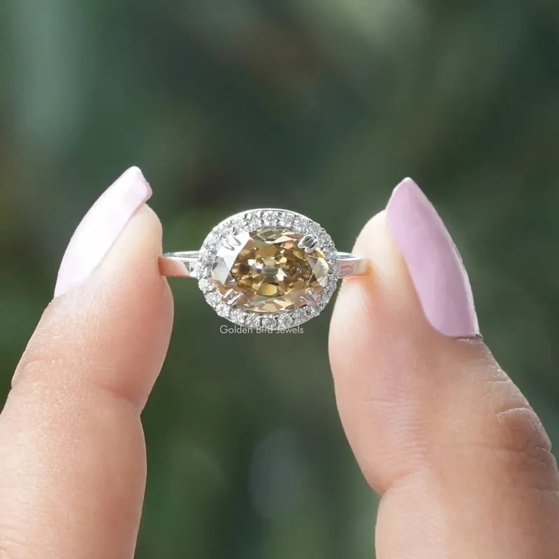 Old Mine Oval Cut East West Moissanite Halo Ring engagement ring