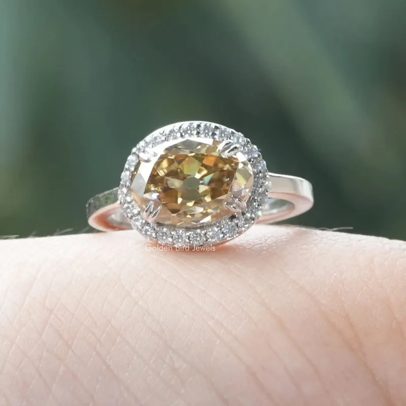 Old Mine Oval Cut East West Moissanite Halo Ring vy 3