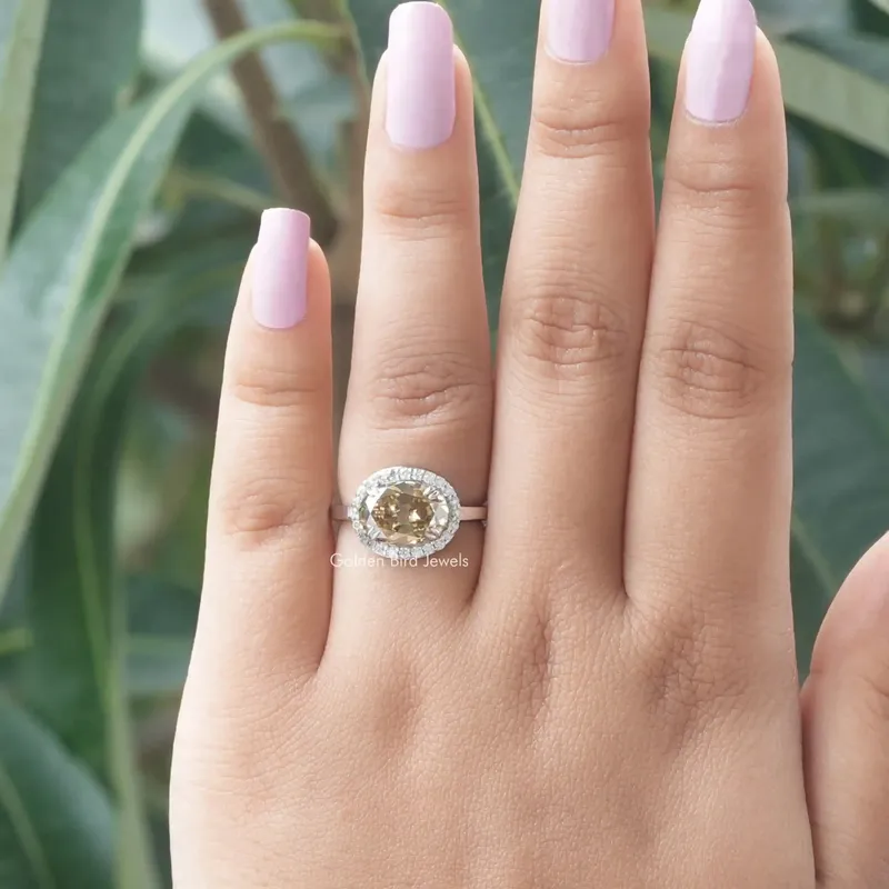 Old Mine Oval Cut East West Moissanite Halo Ring vy 8