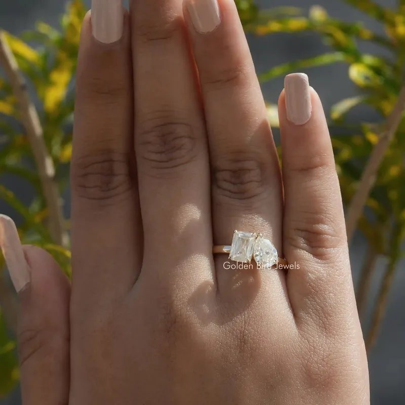 Old Mine Pear & Criss Cut Moissanite Two Stone Ring vy 3