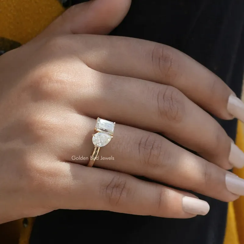Old Mine Pear & Criss Cut Moissanite Two Stone Ring vy 7