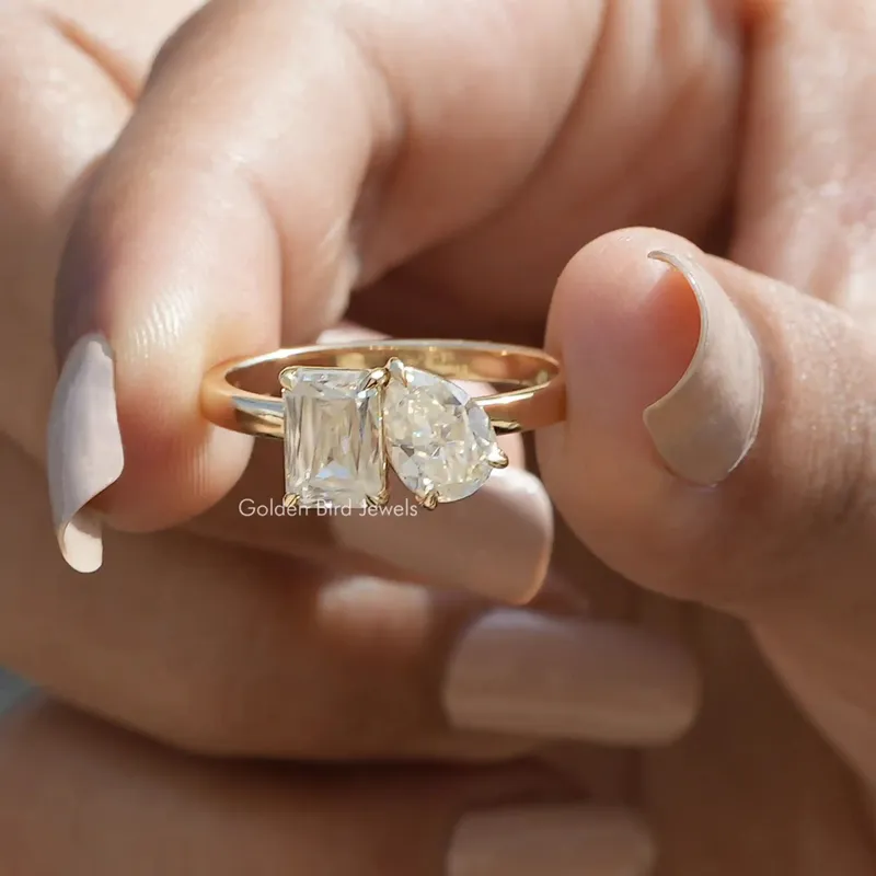 Old Mine Pear & Criss Cut Moissanite Two Stone Ring pear cut engagement ring