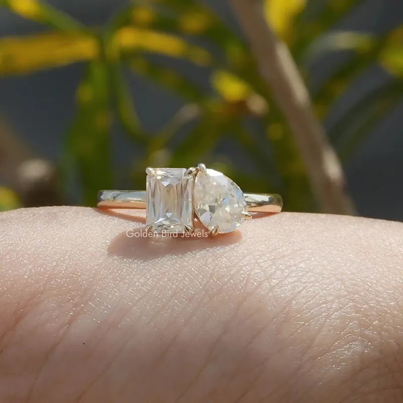 Old Mine Pear & Criss Cut Moissanite Two Stone Ring vy 2