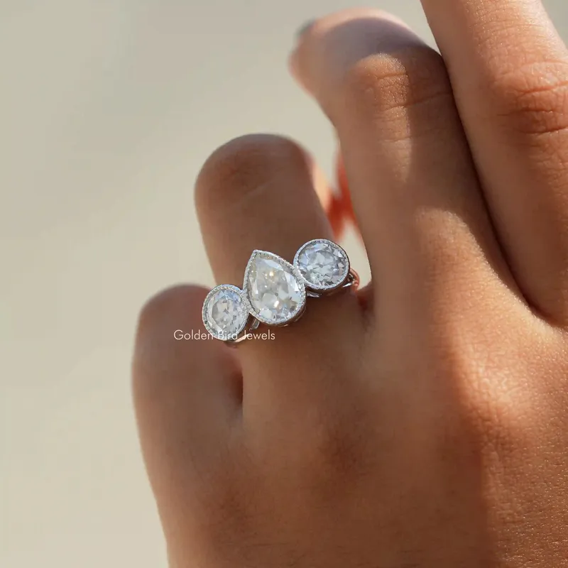 Old Mine Pear Cut Moissanite 3 Stone Ring vy 3