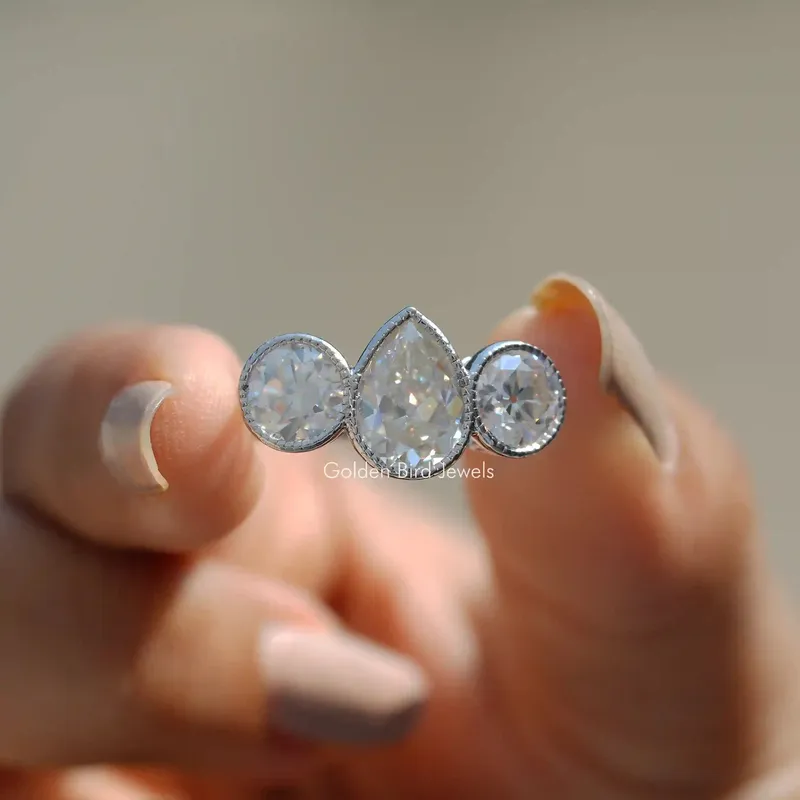 Old Mine Pear Cut Moissanite 3 Stone Ring engagement ring