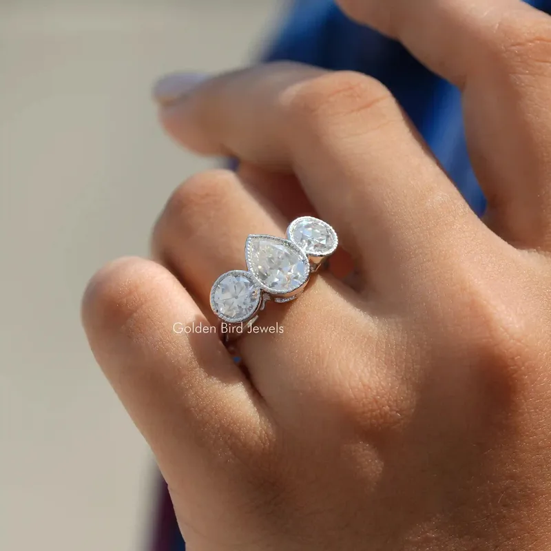 Old Mine Pear Cut Moissanite 3 Stone Ring vy 6