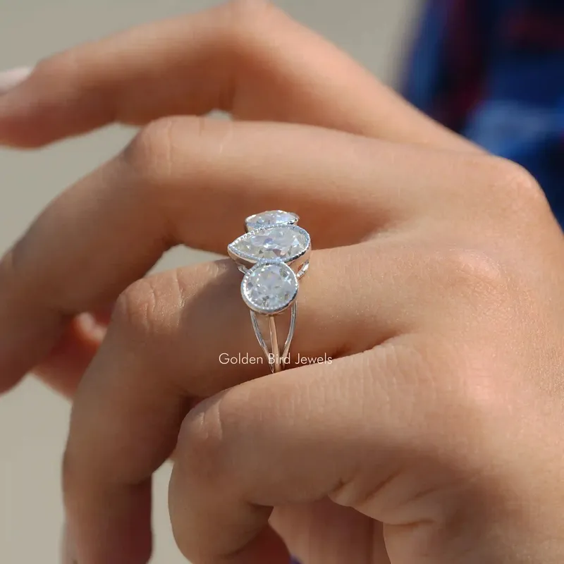 Old Mine Pear Cut Moissanite 3 Stone Ring vy 4