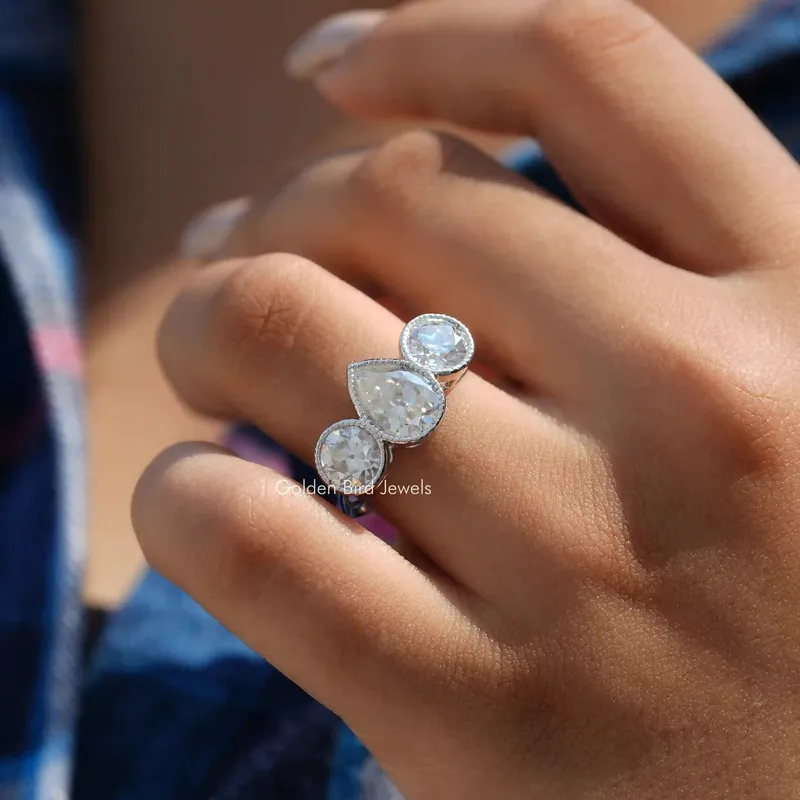 Old Mine Pear Cut Moissanite 3 Stone Ring vy 7