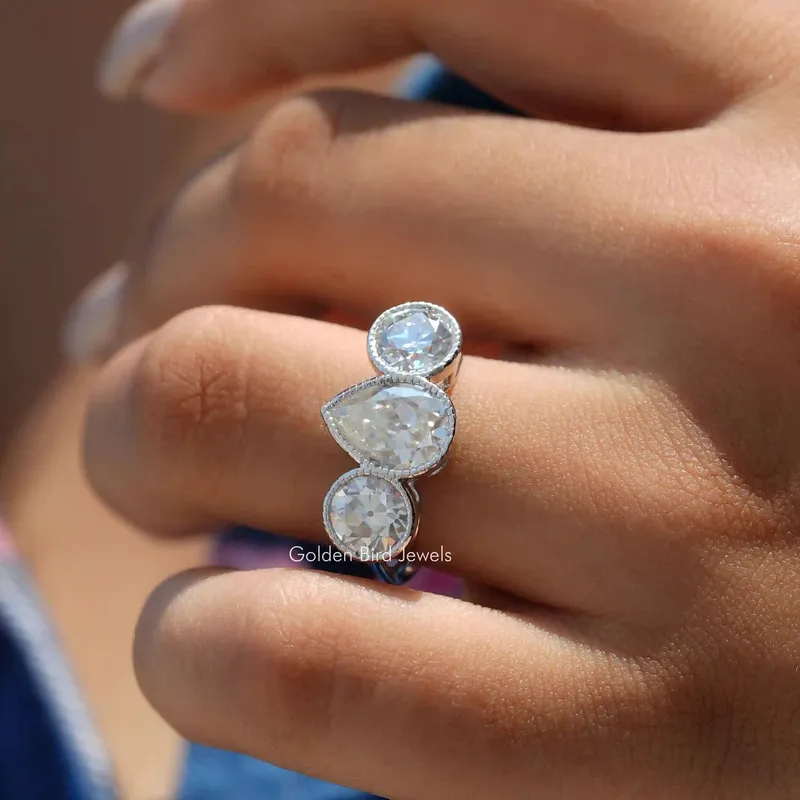 Old Mine Pear Cut Moissanite 3 Stone Ring vy 2