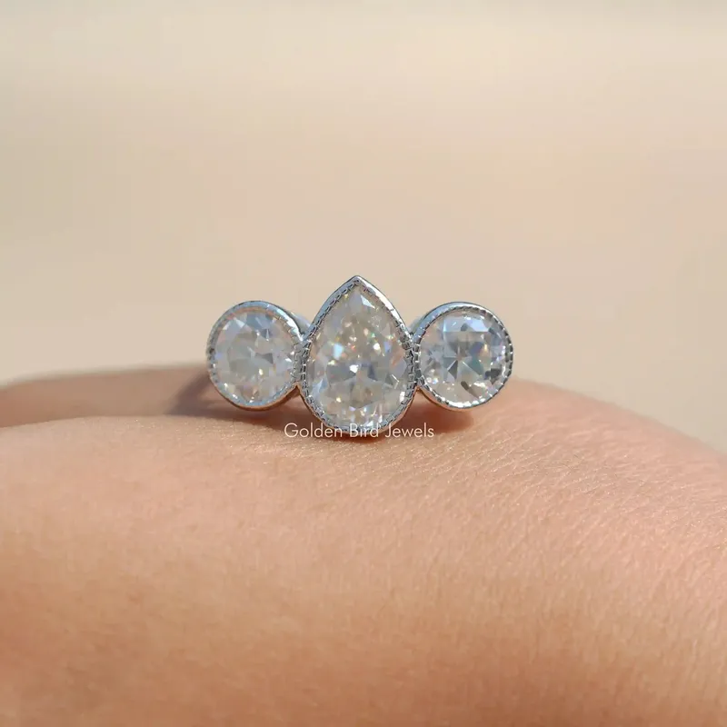 Old Mine Pear Cut Moissanite 3 Stone Ring vy 5