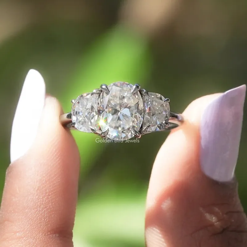 Oval And Half Moon Three Stone Moissanite Ring oval cut engagement ring