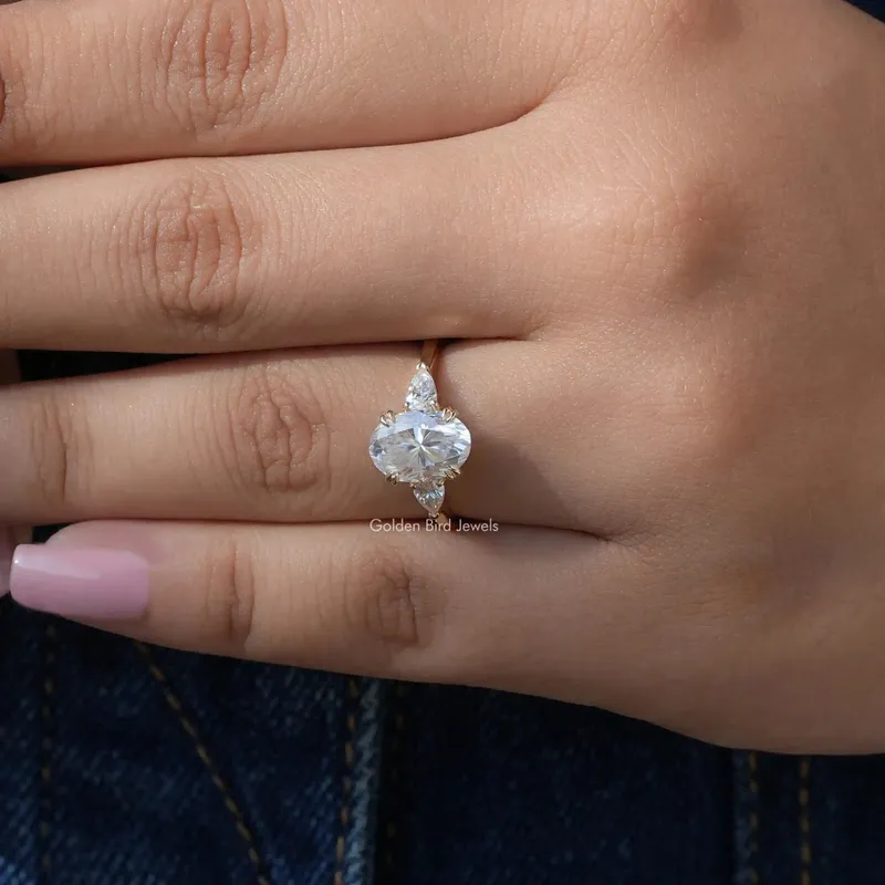 Oval And Pear Cut Moissanite 3 Stone Engagement Ring vy 3