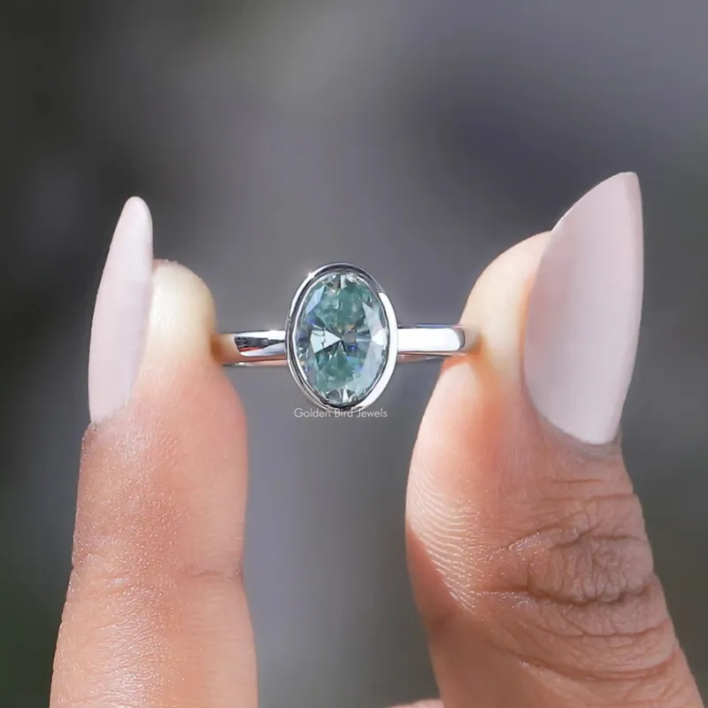 Oval Cut Moissanite Bezel Setting Solitaire Engagement Ring blue oval cut engagement ring