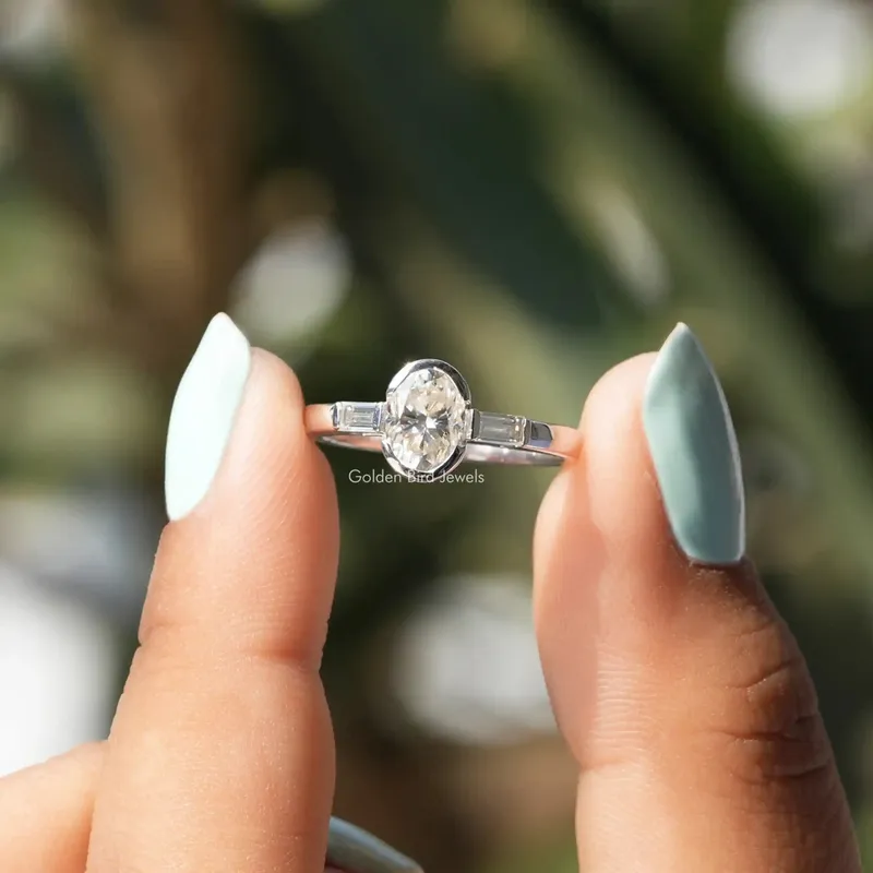 Oval Moissanite Half Bezel Three Stone Ring oval cut engagement ring