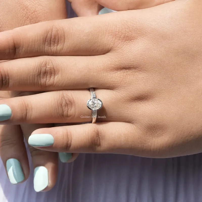 Oval Moissanite Half Bezel Three Stone Ring vy 6