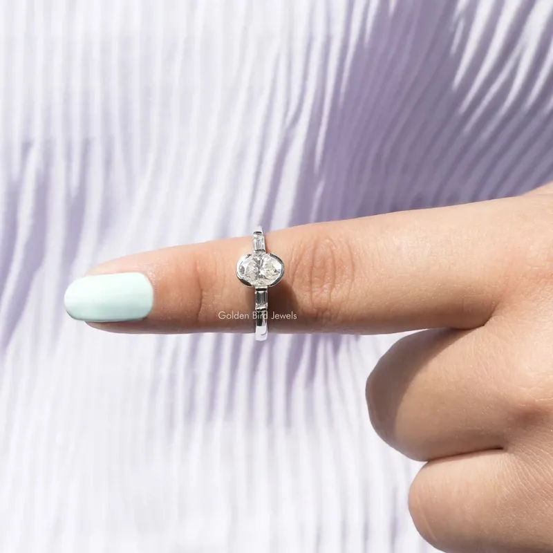 Oval Moissanite Half Bezel Three Stone Ring vy 8