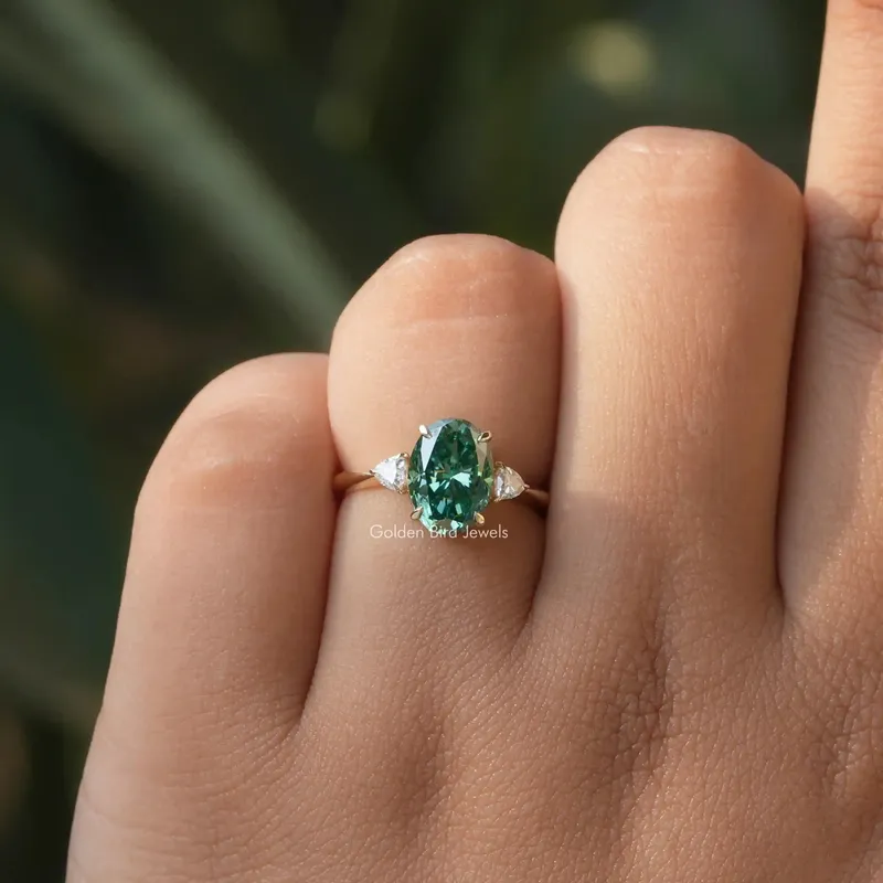 Oval Trillion Three Stone Moissanite Engagement Ring vy 4