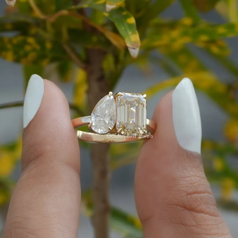 Pear And Emerald Cut Toi Et Moi Moissanite Ring emerald emerald cut engagement ring