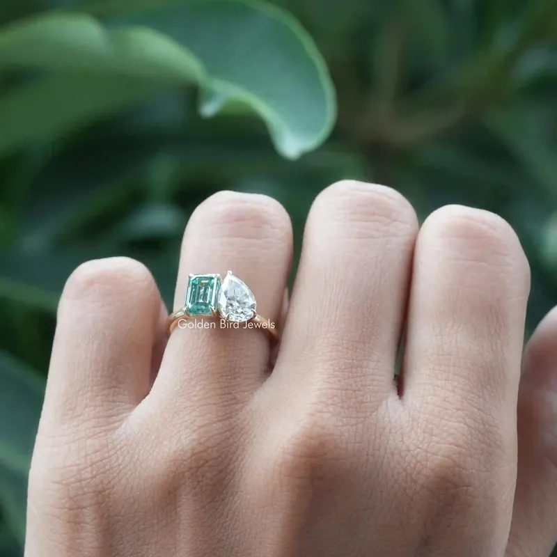 Pear And Emerald Cut Two Stone Moissanite Ring view 2